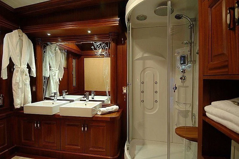 a bathroom with a shower and sink aboard MARE NOSTRUM Yacht for Sale
