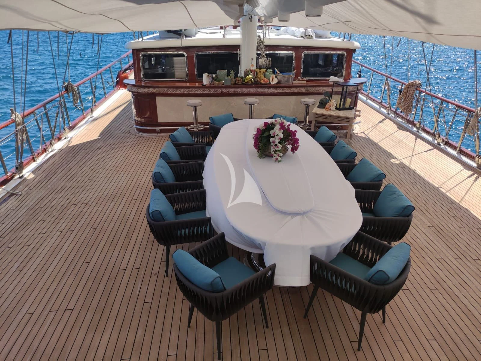 a table with chairs on a deck aboard MARE NOSTRUM Yacht for Sale