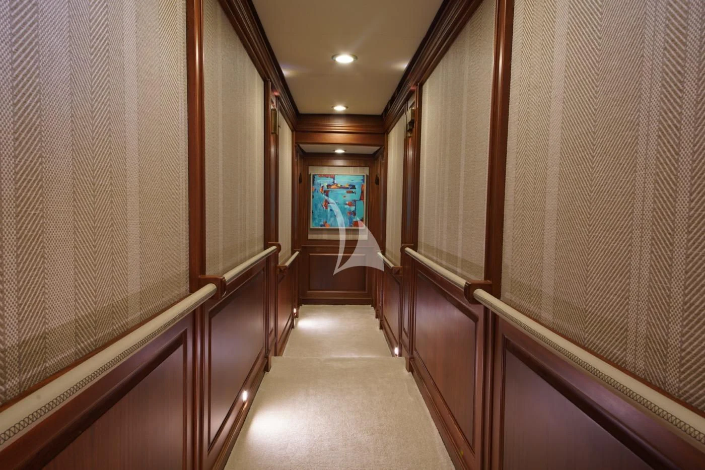 a hallway with wood walls aboard MARE NOSTRUM Yacht for Sale