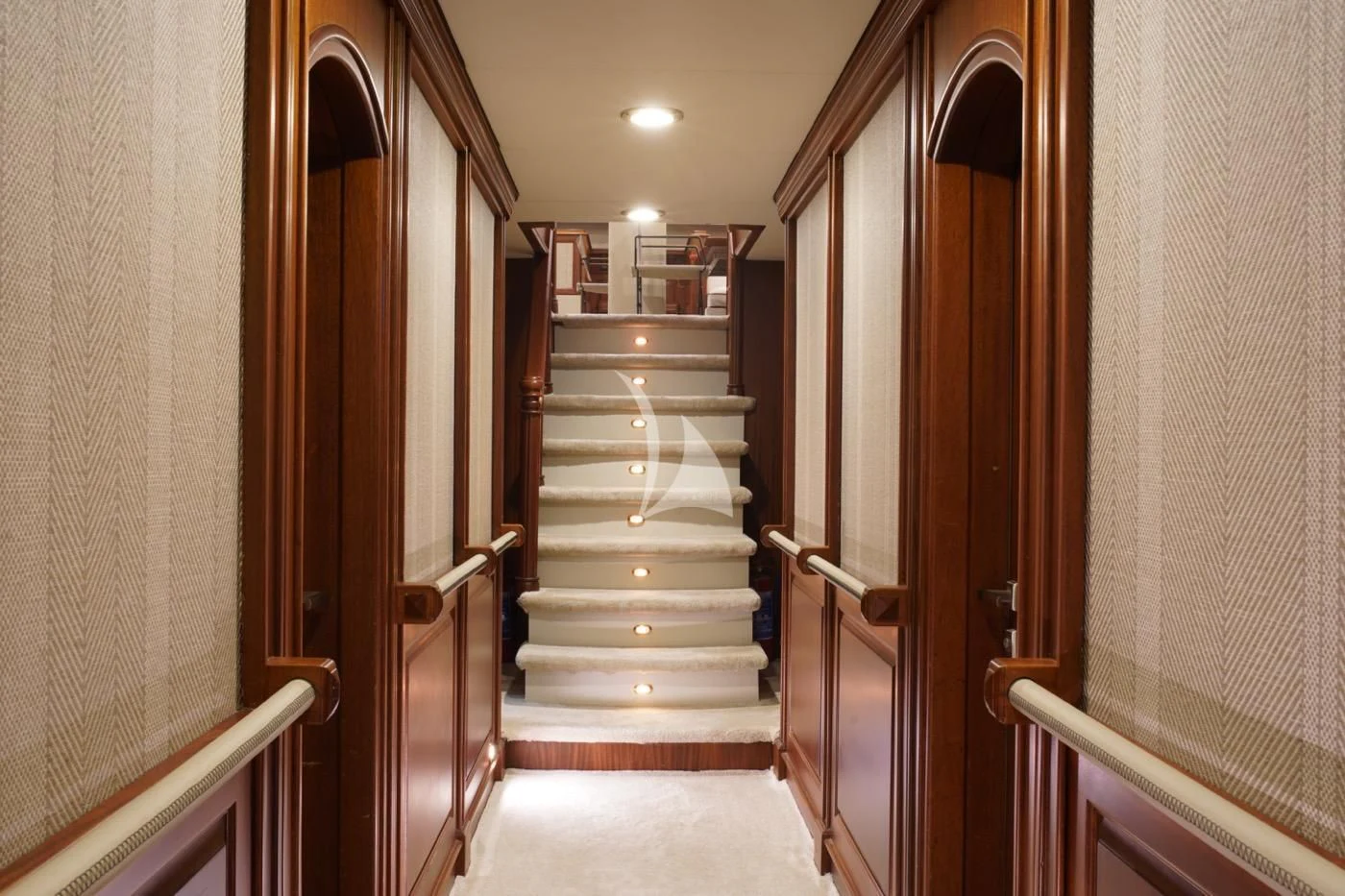 a hallway with doors aboard MARE NOSTRUM Yacht for Sale