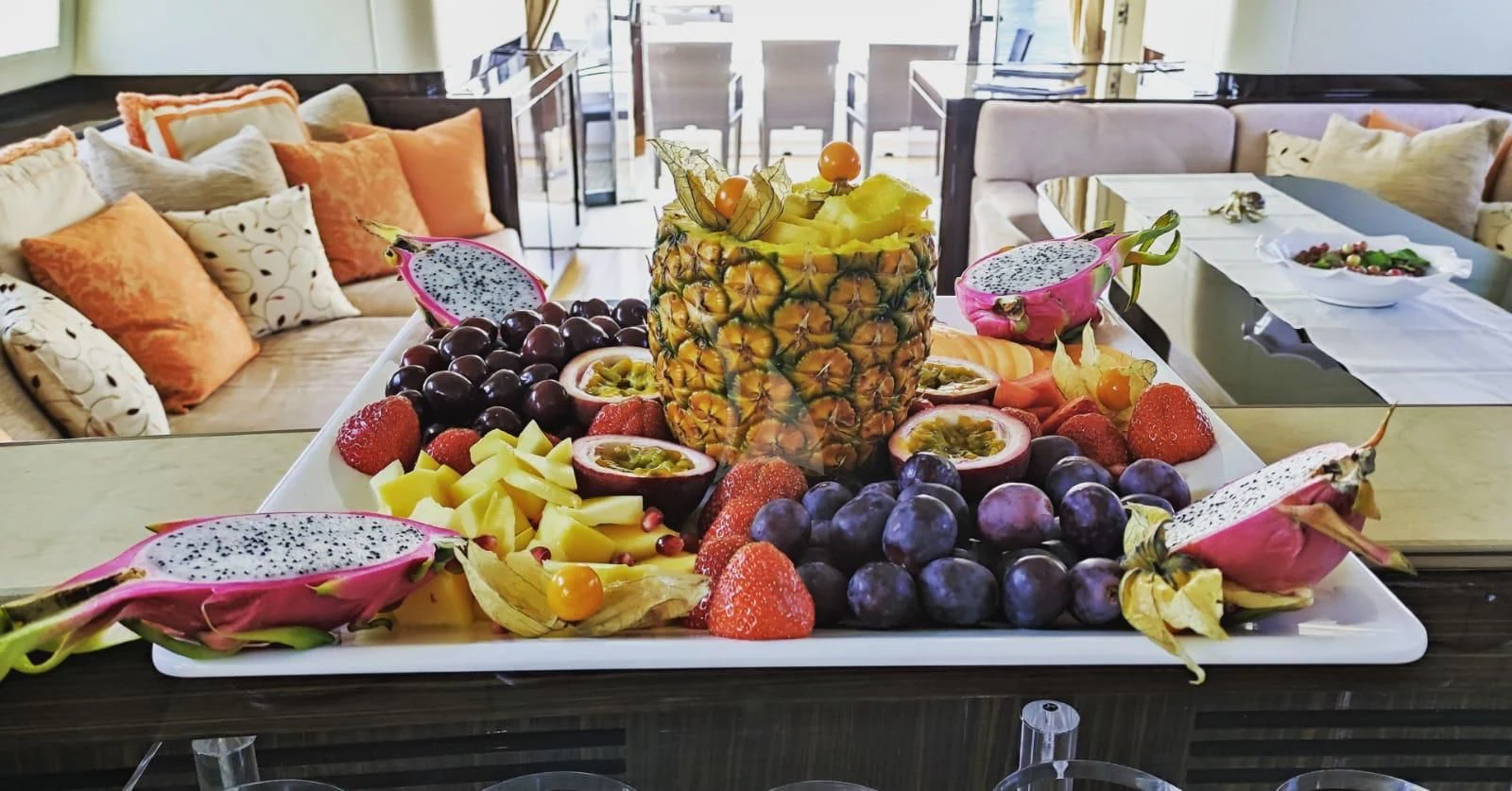 a table with food on it aboard ATHOS Yacht for Sale