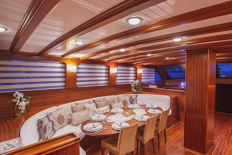 a dining room with a table set for a dinner aboard HIC SALTA Yacht for Sale
