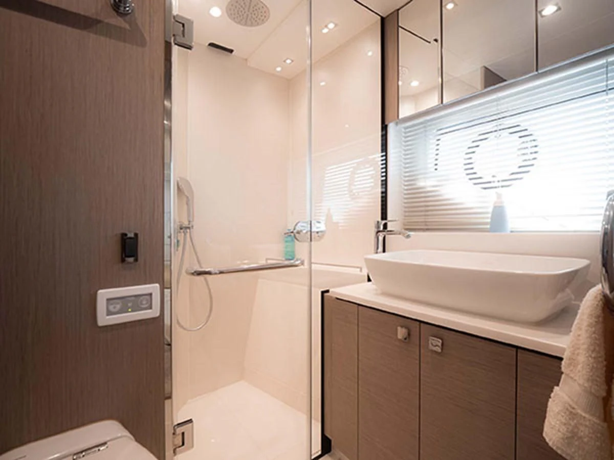 a bathroom with a shower unit aboard VALERIA Yacht for Sale
