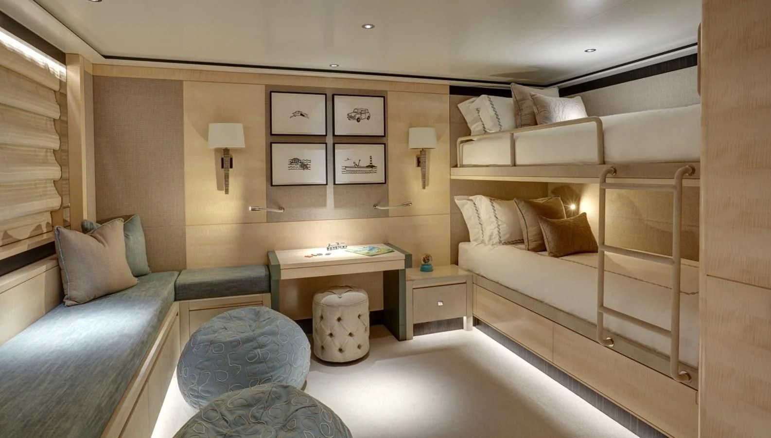 a bedroom with a bed and a desk aboard LADY VICTORIA Yacht for Sale