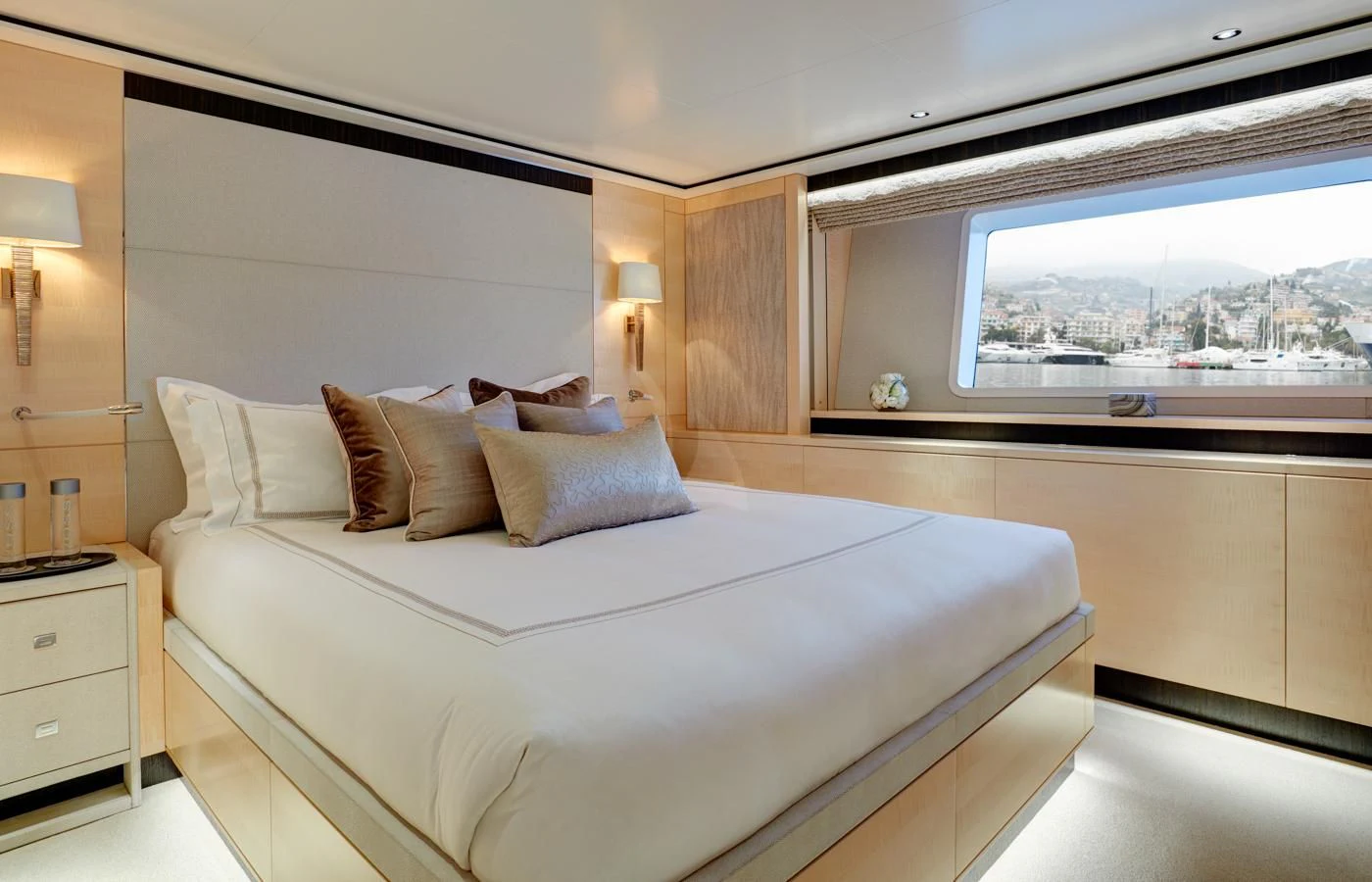 a bed in a room aboard LADY VICTORIA Yacht for Sale