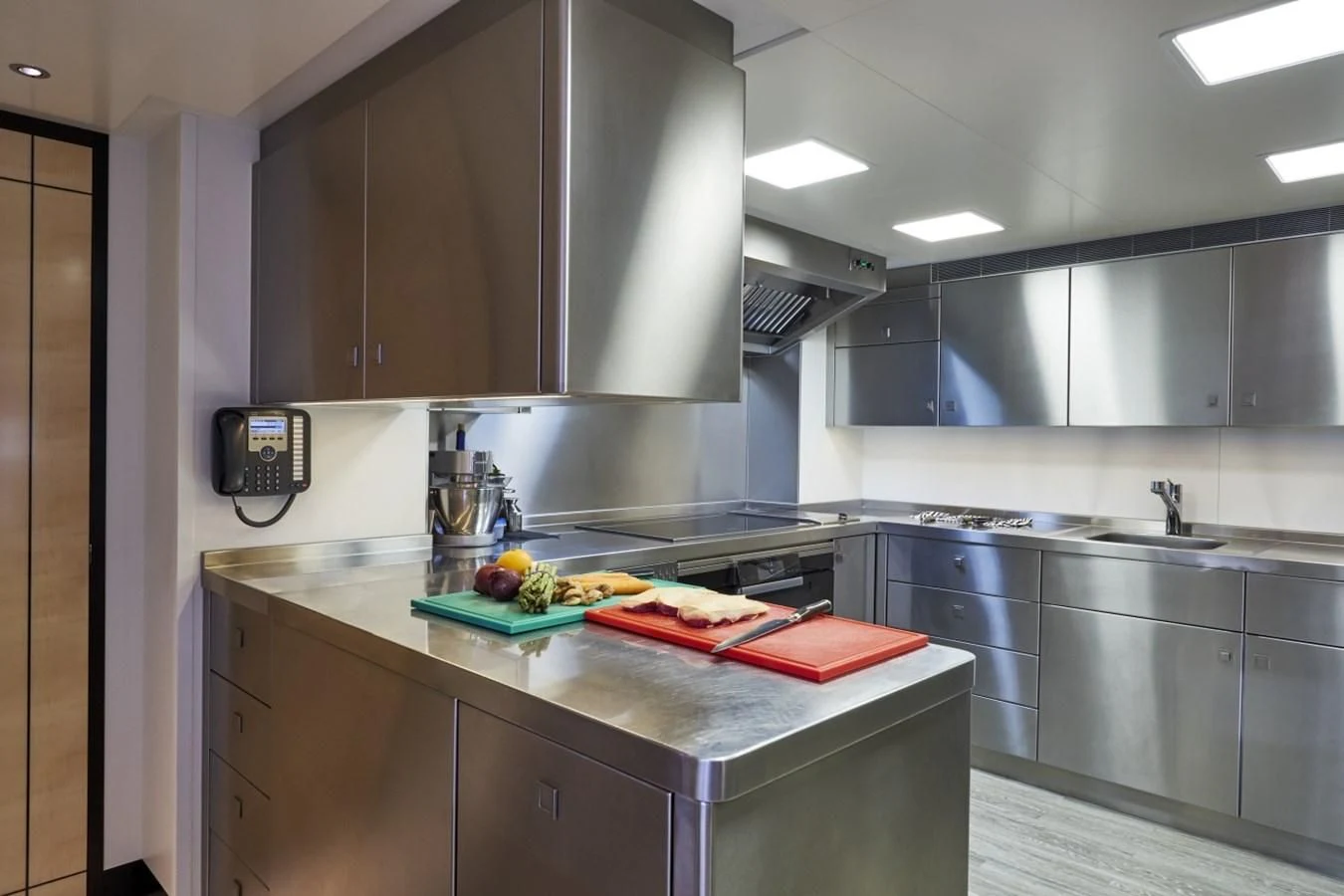 a kitchen with a countertop aboard LADY VICTORIA Yacht for Sale