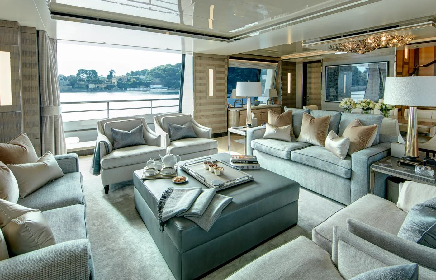 a living room with a large window aboard LADY VICTORIA Yacht for Sale