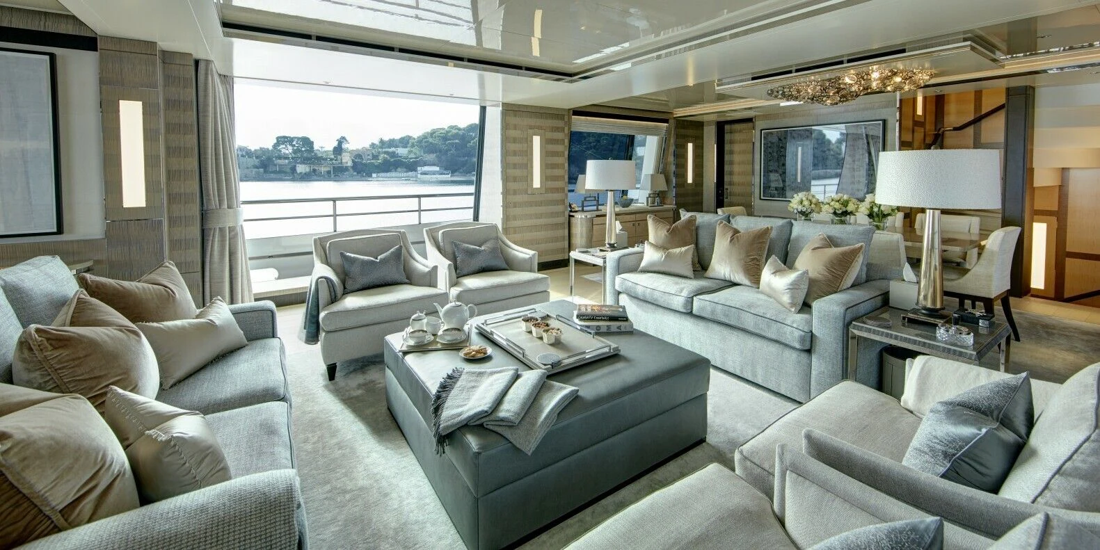 a living room with a large window aboard LADY VICTORIA Yacht for Sale