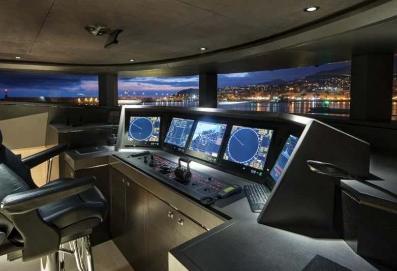 a room with a view of the city and the ocean aboard LADY VICTORIA Yacht for Sale