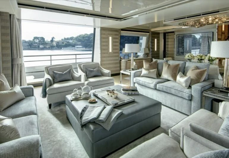 a living room with a large window aboard LADY VICTORIA Yacht for Sale