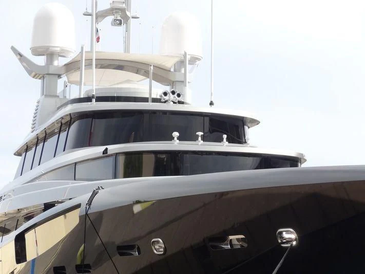 a white yacht with a white cone on the front aboard LADY VICTORIA Yacht for Sale