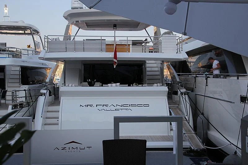 a boat with a sign on it aboard MR. FRANCISCO Yacht for Sale