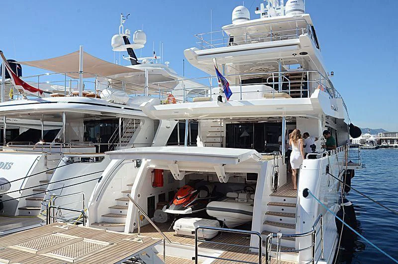a boat docked at a pier aboard ALINA MARIA II Yacht for Sale