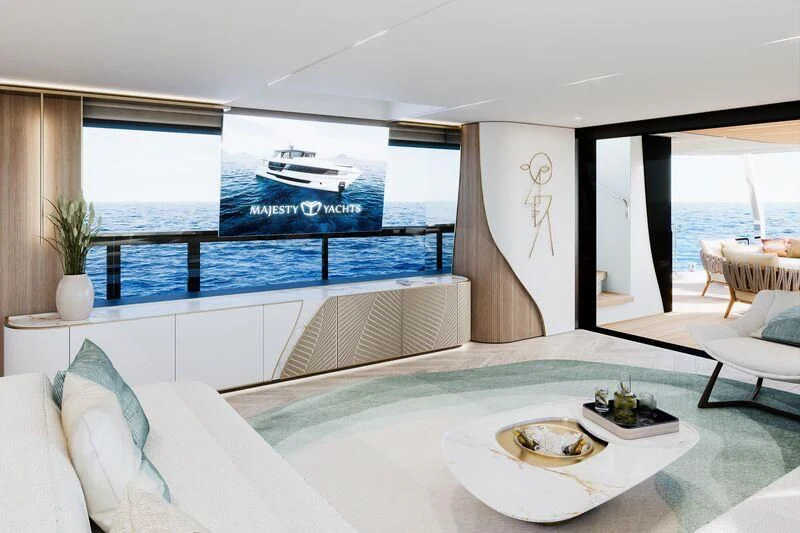 a room with a bed and a large window aboard CHARISMA Yacht for Sale