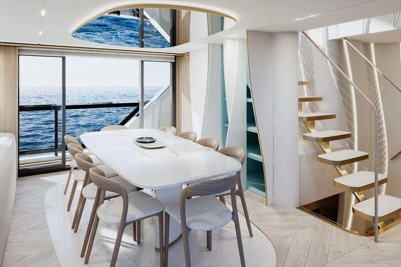 a room with a table and chairs aboard CHARISMA Yacht for Sale