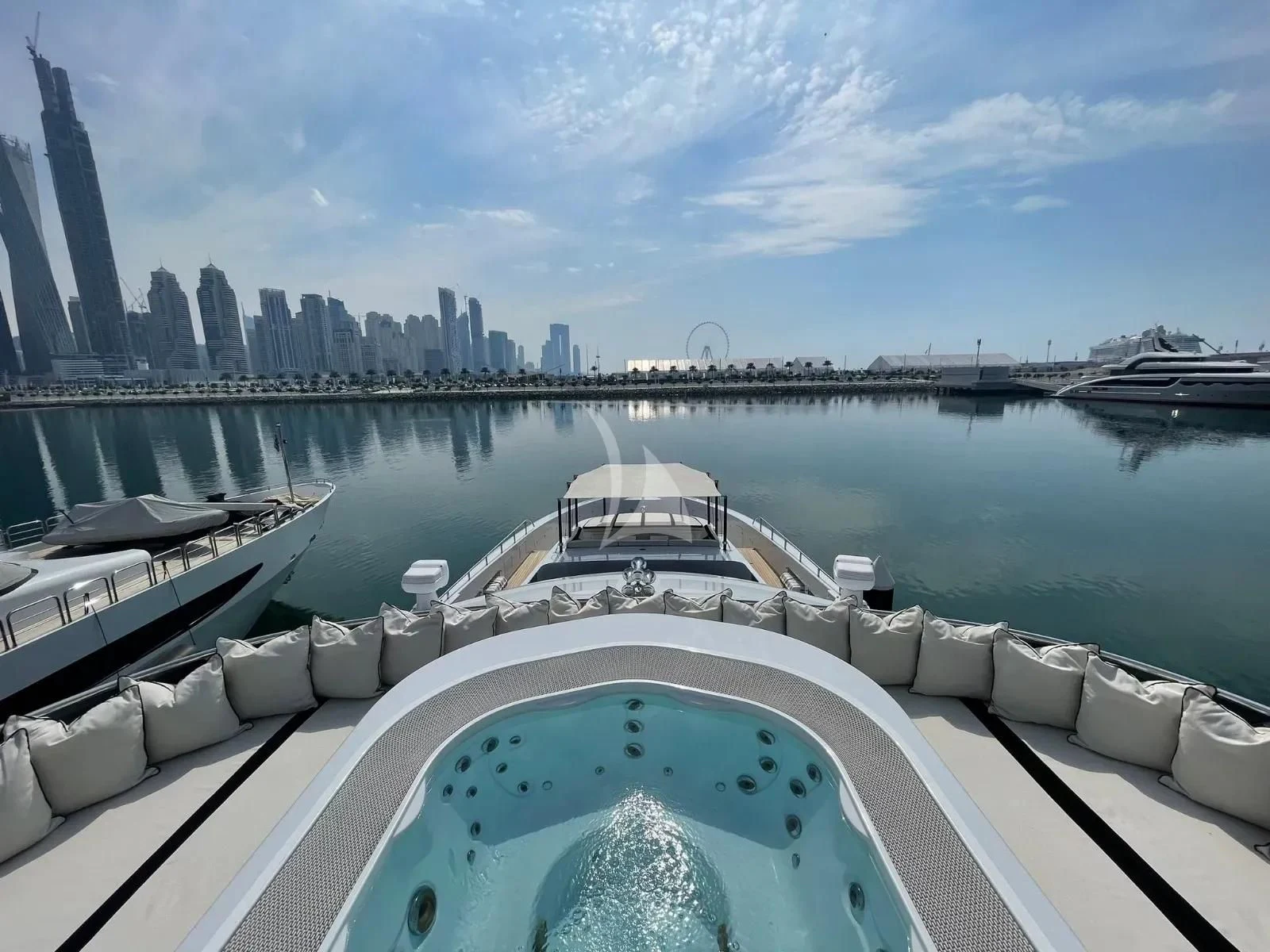 a large white boat in a large body of water with Sydney Harbour Bridge in the background aboard ROCKET Yacht for Sale
