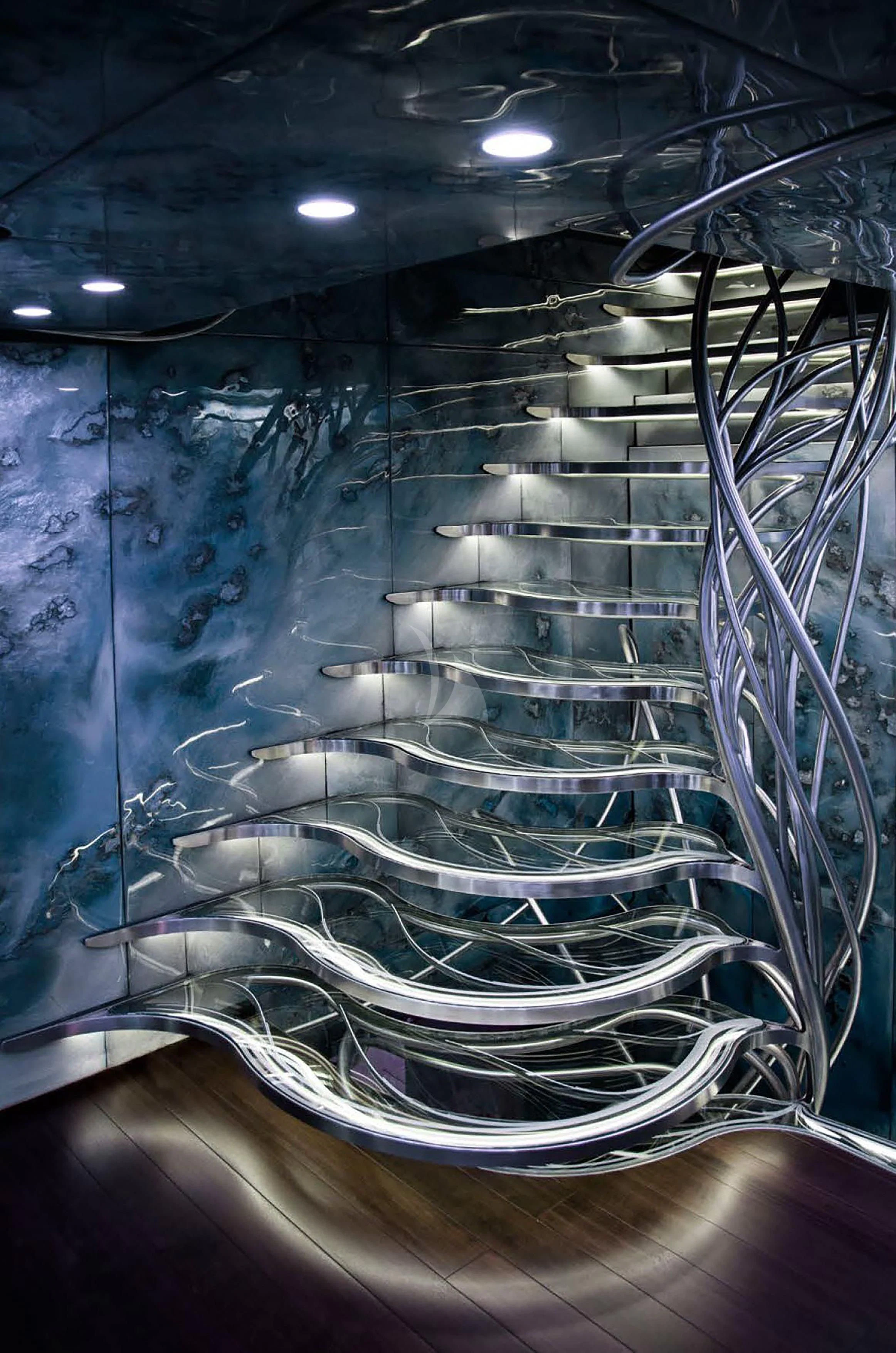 a large blue glass wall aboard ROCKET Yacht for Sale