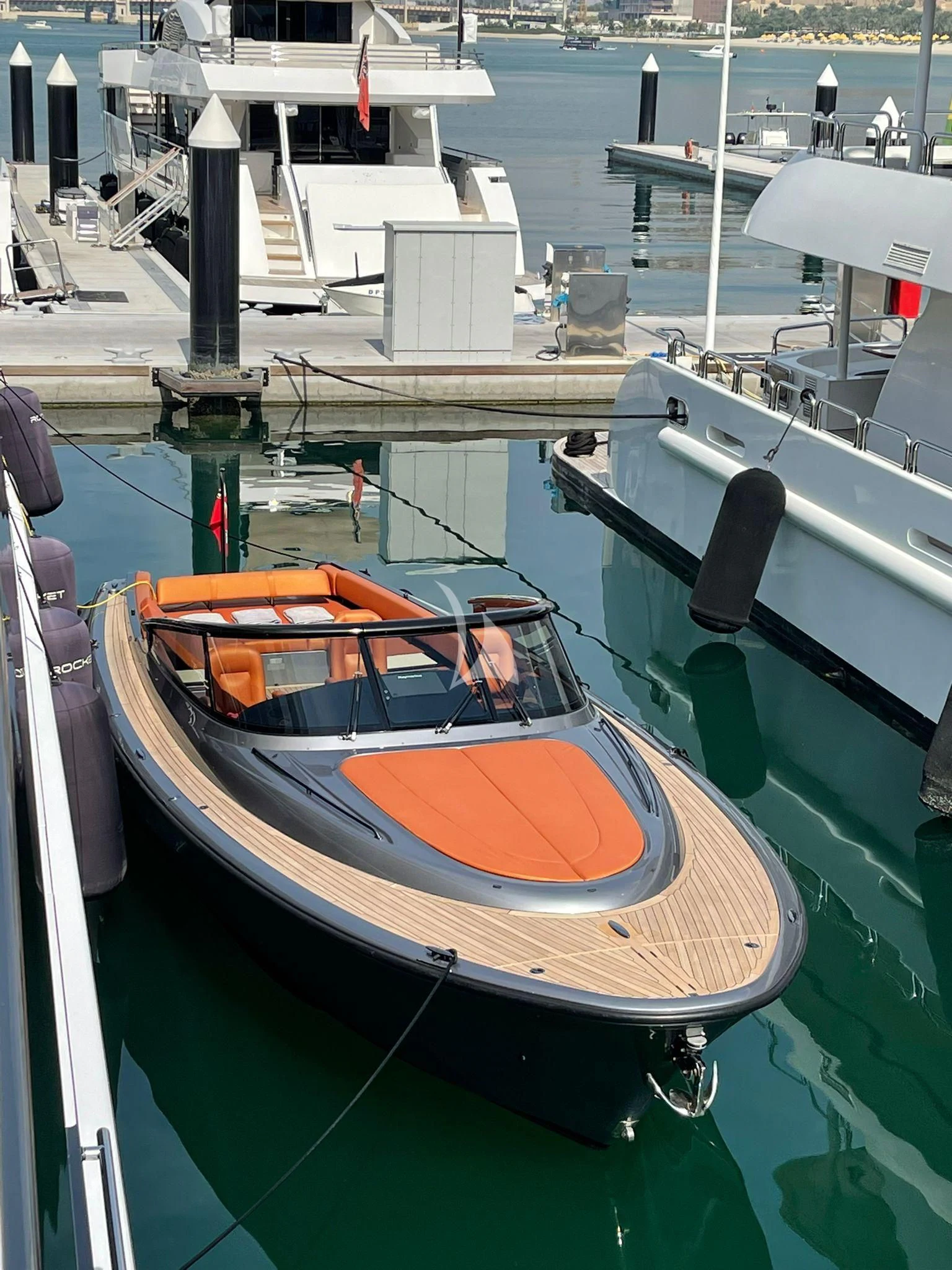 a boat docked at a pier aboard ROCKET Yacht for Sale