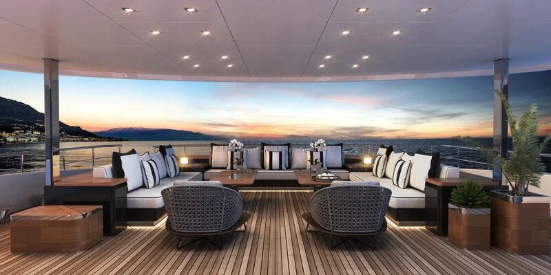 a large room with a large screen aboard ROCKET Yacht for Sale