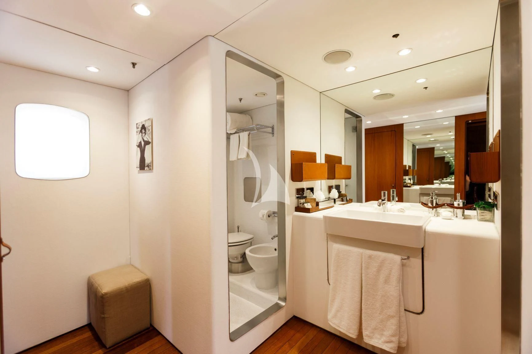 a bathroom with a stand up shower aboard DIONEA Yacht for Sale