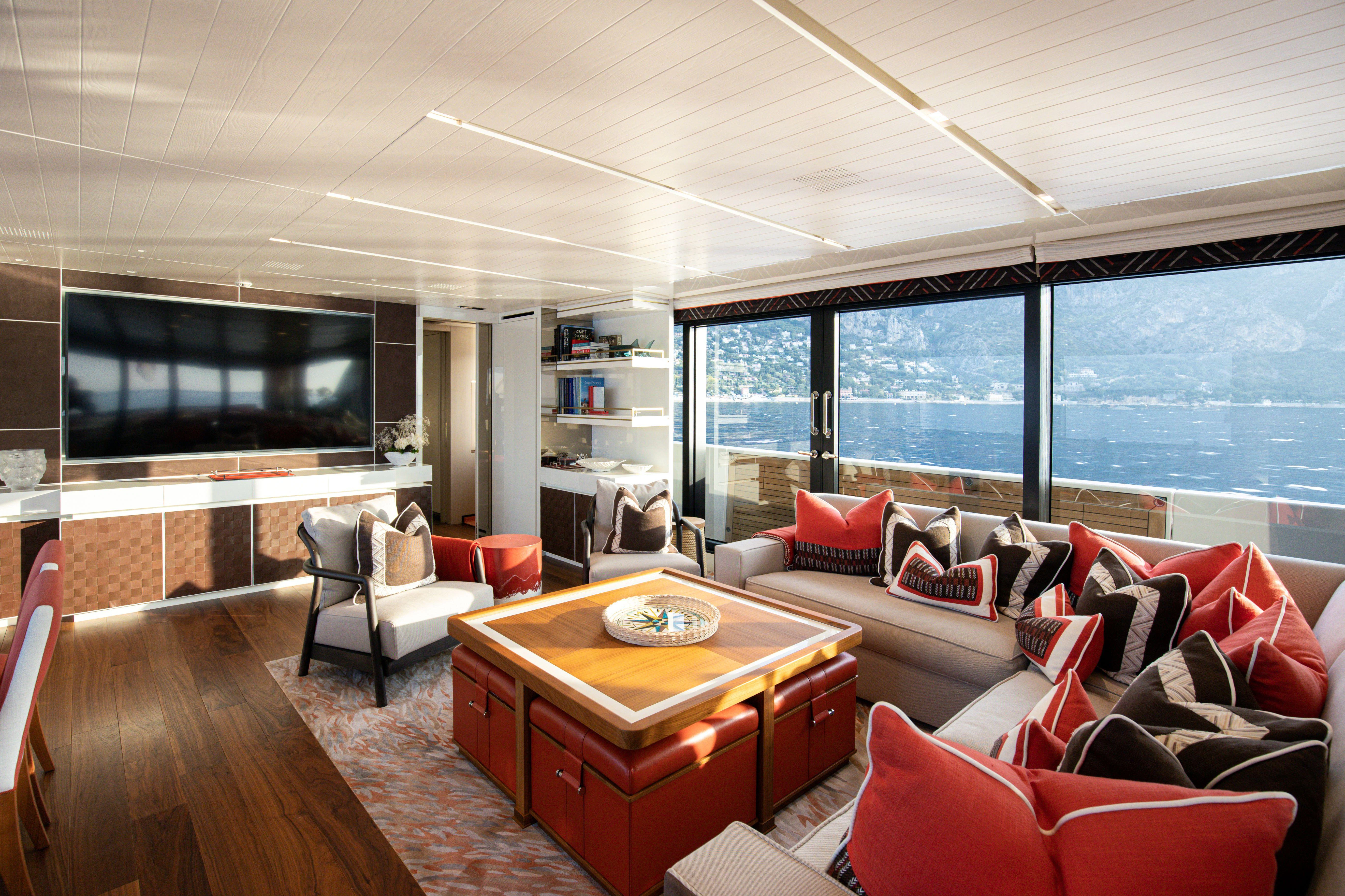 a living room with a large screen aboard ELA & SEA Yacht for Sale
