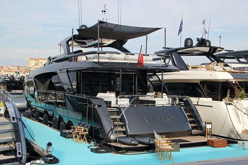 a boat docked at a pier aboard NERO Yacht for Sale