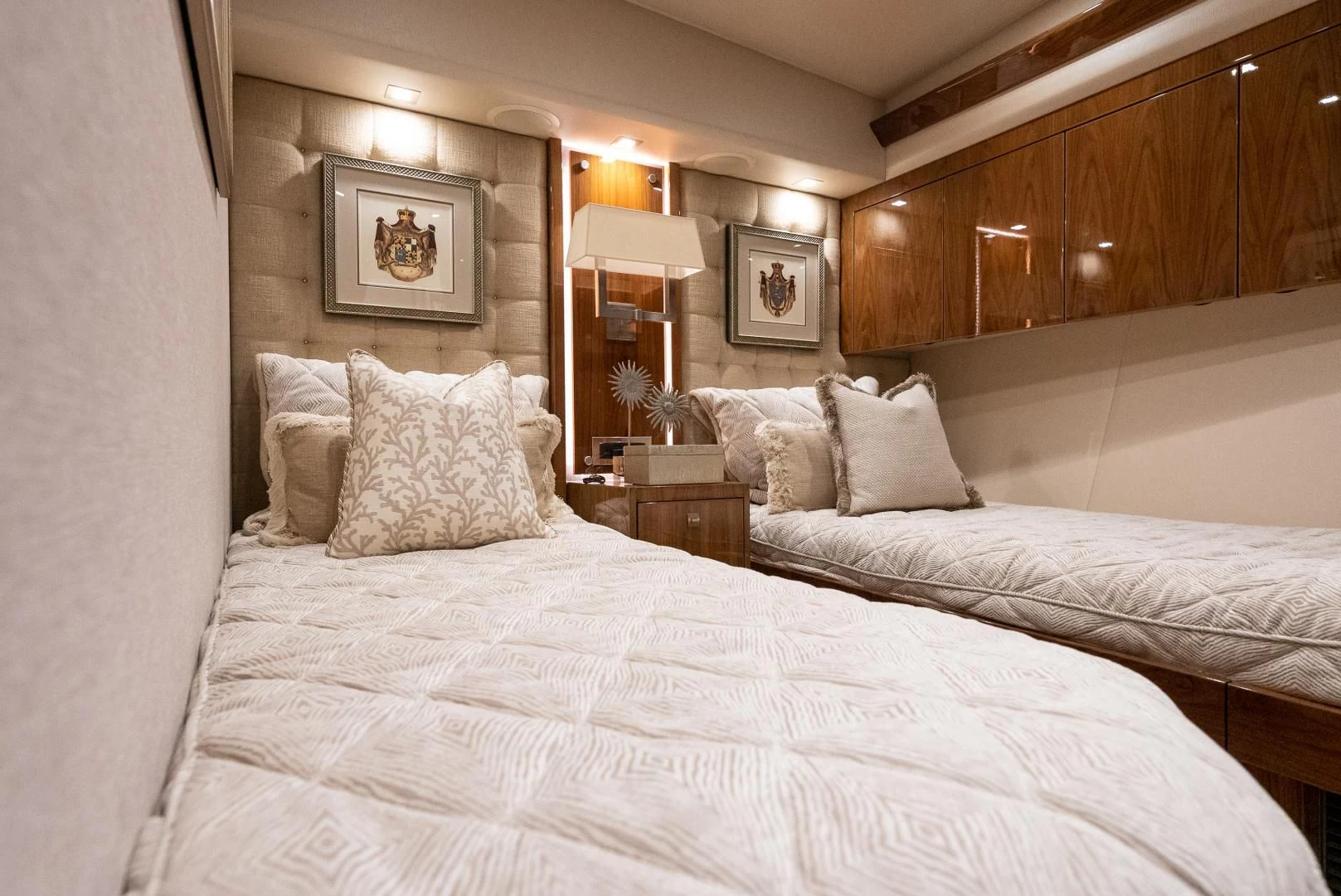 a hotel room with two beds aboard AFTER MIDNIGHT Yacht for Sale