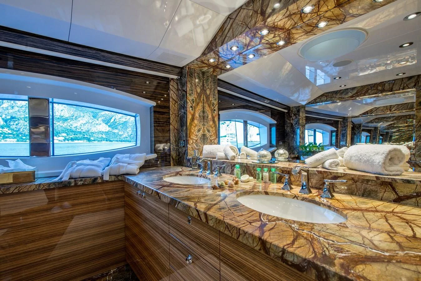 a large bathroom with a large jacuzzi tub aboard TIAMAT Yacht for Sale