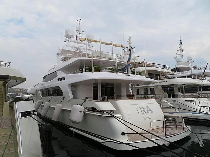 a boat docked at a pier aboard TIAMAT Yacht for Sale