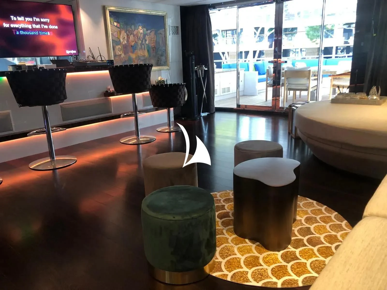 a room with a table and chairs aboard TIAMAT Yacht for Sale
