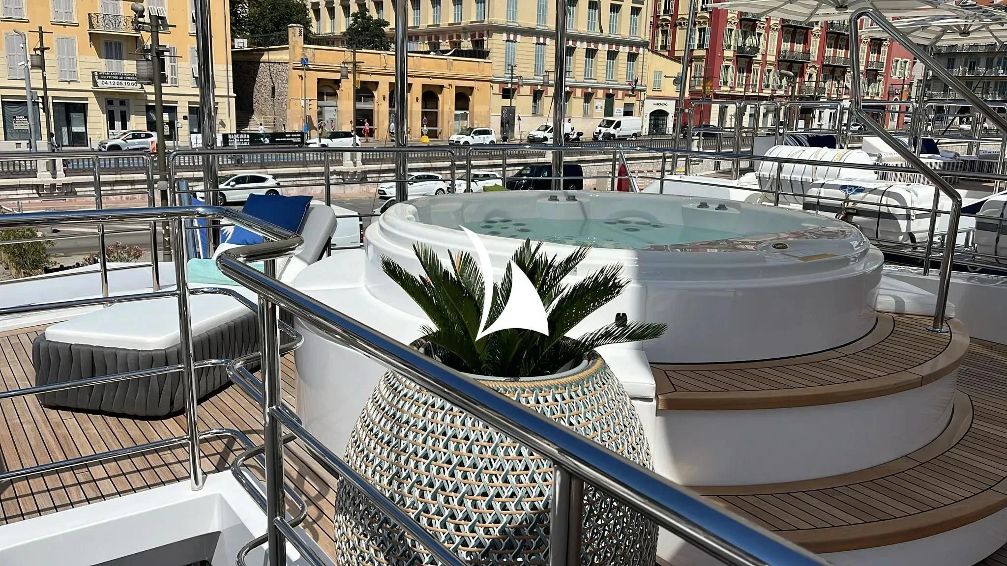 a table with plants on it aboard TIAMAT Yacht for Sale