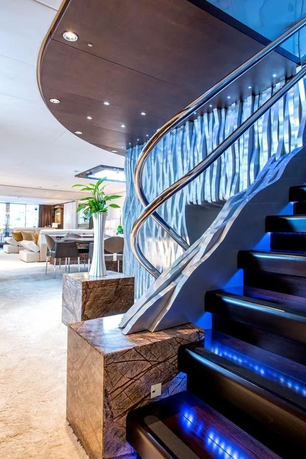 a staircase in a house aboard TIAMAT Yacht for Sale