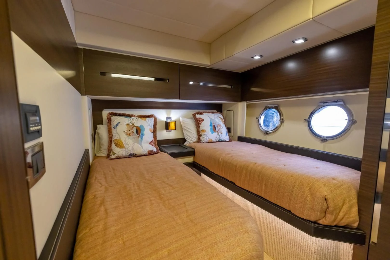 a room with two beds aboard MEANT TO BE Yacht for Sale
