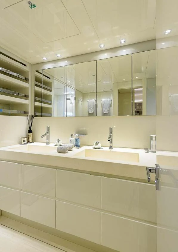 a bathroom with a large mirror aboard MUSHA Yacht for Sale