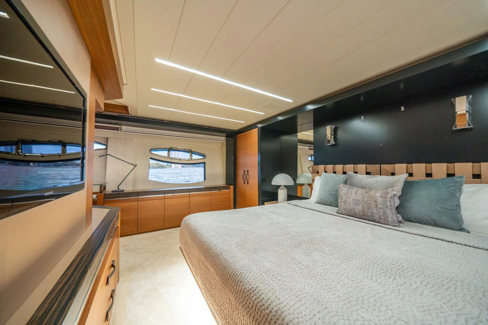 a bed in a room aboard CERSEI Yacht for Sale