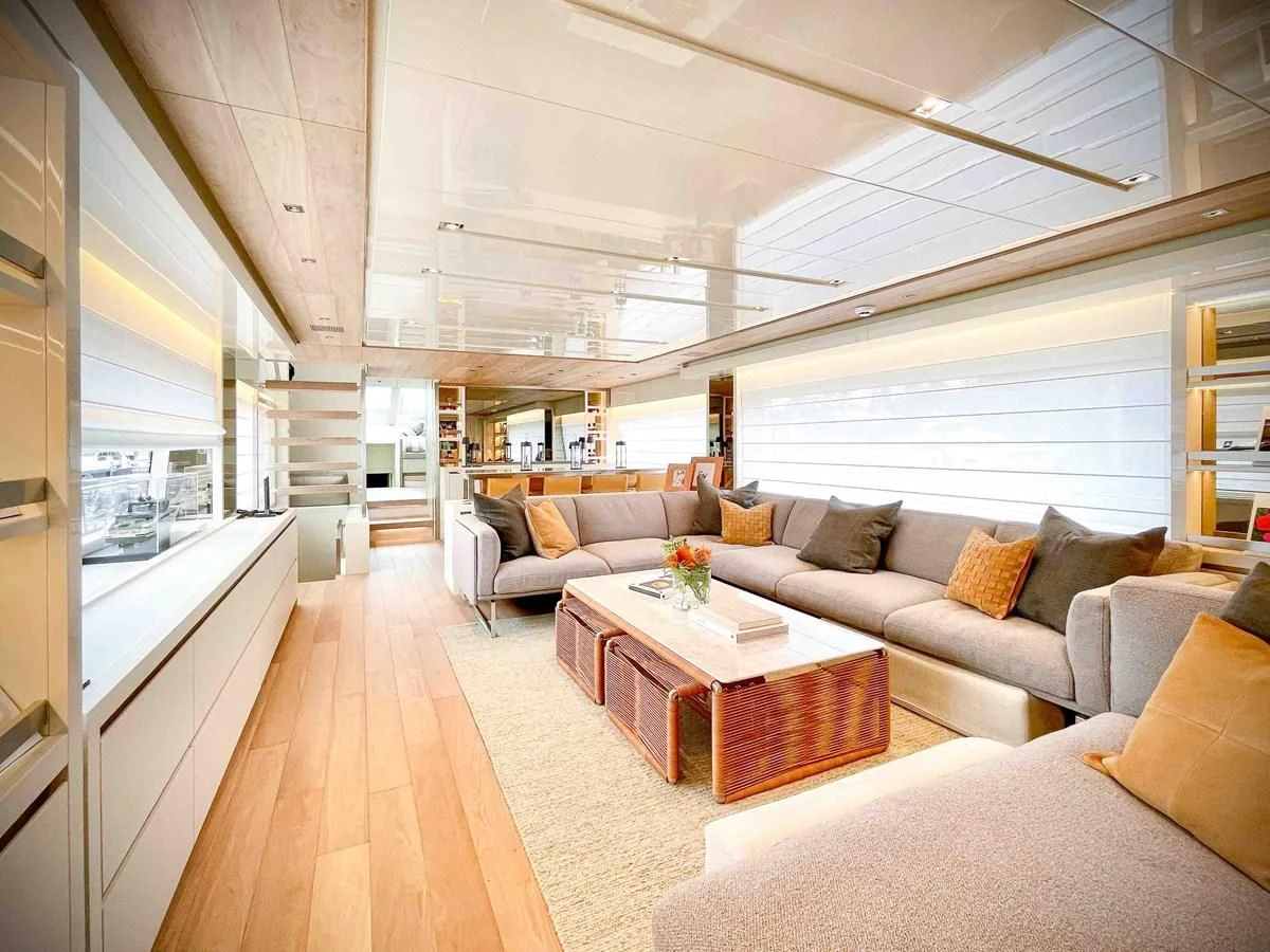 a living room with a large window aboard SANLORENZO SX88/81 Yacht for Sale