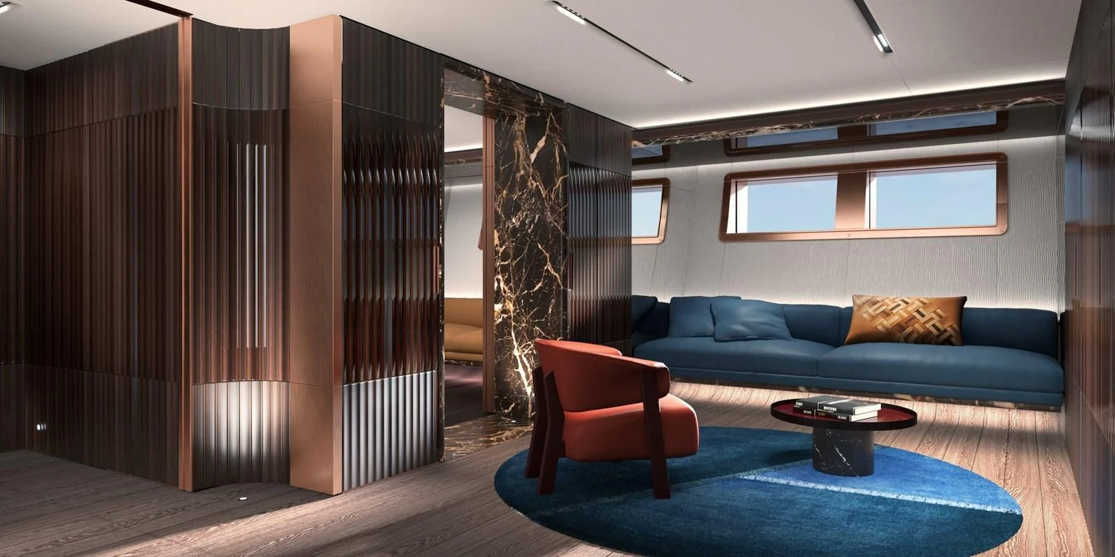 a room with a couch and a table aboard PERINI 47-M Yacht for Sale