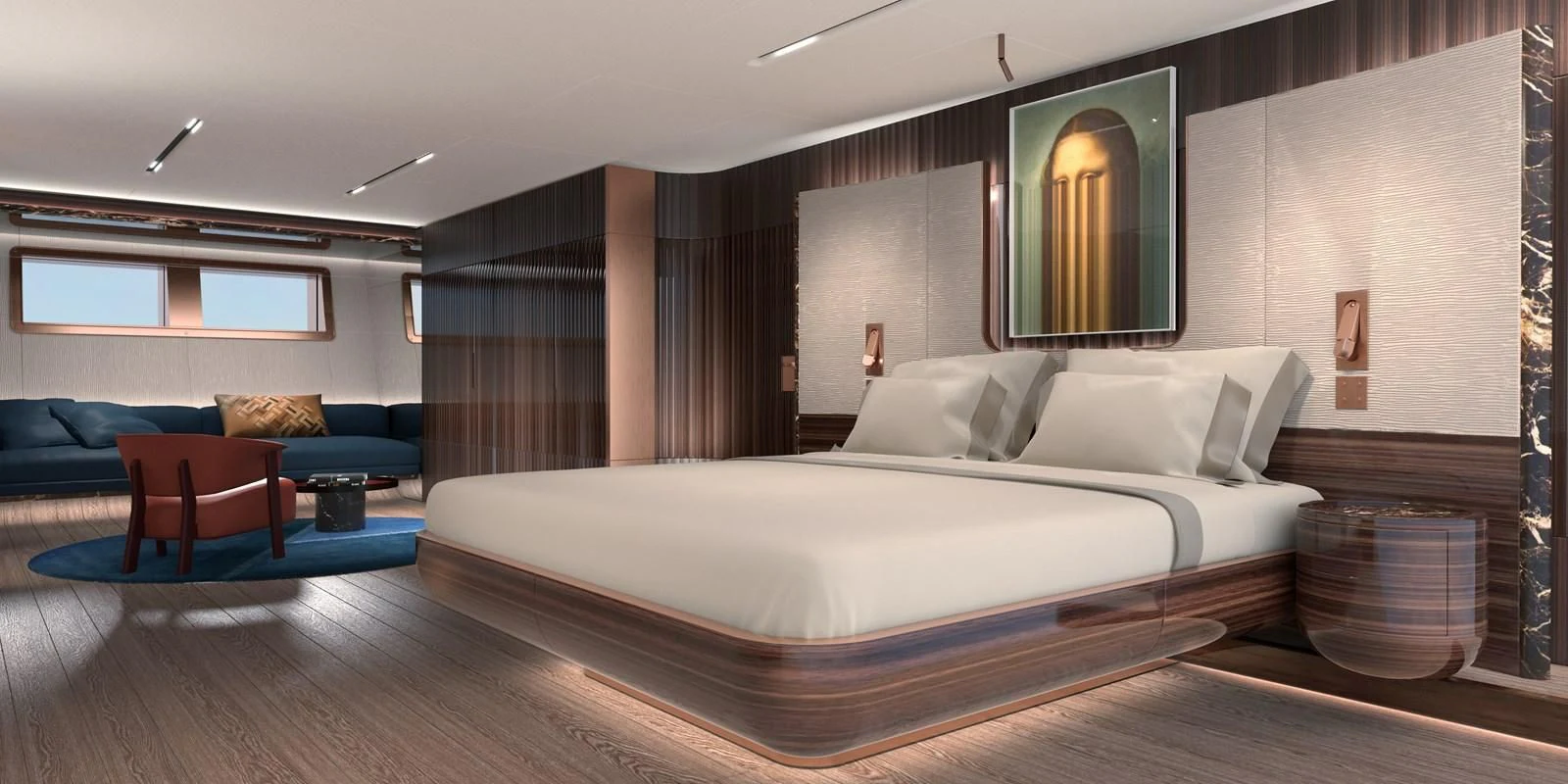 a large bed in a room aboard PERINI 47-M Yacht for Sale