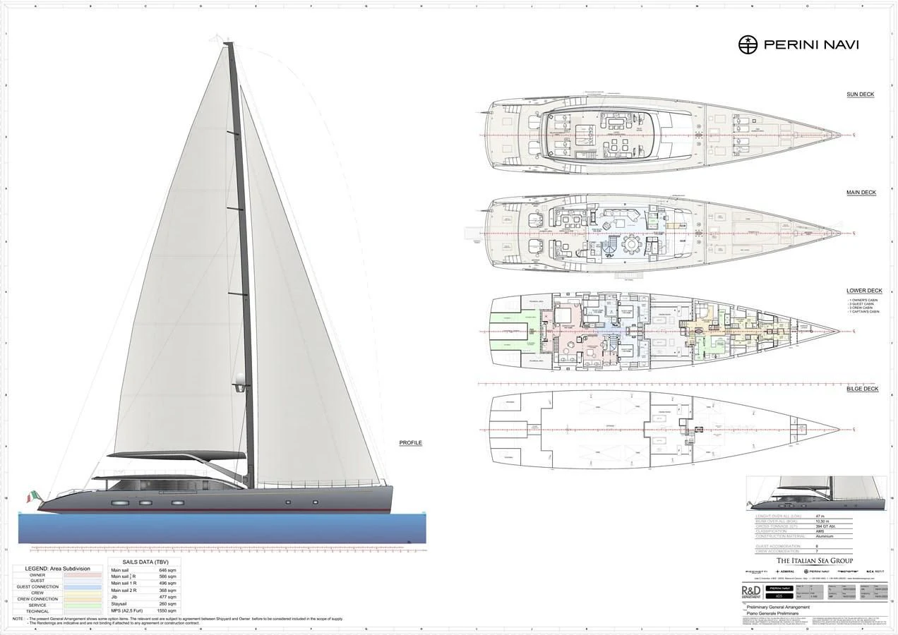 diagram, engineering drawing aboard PERINI 47-M Yacht for Sale