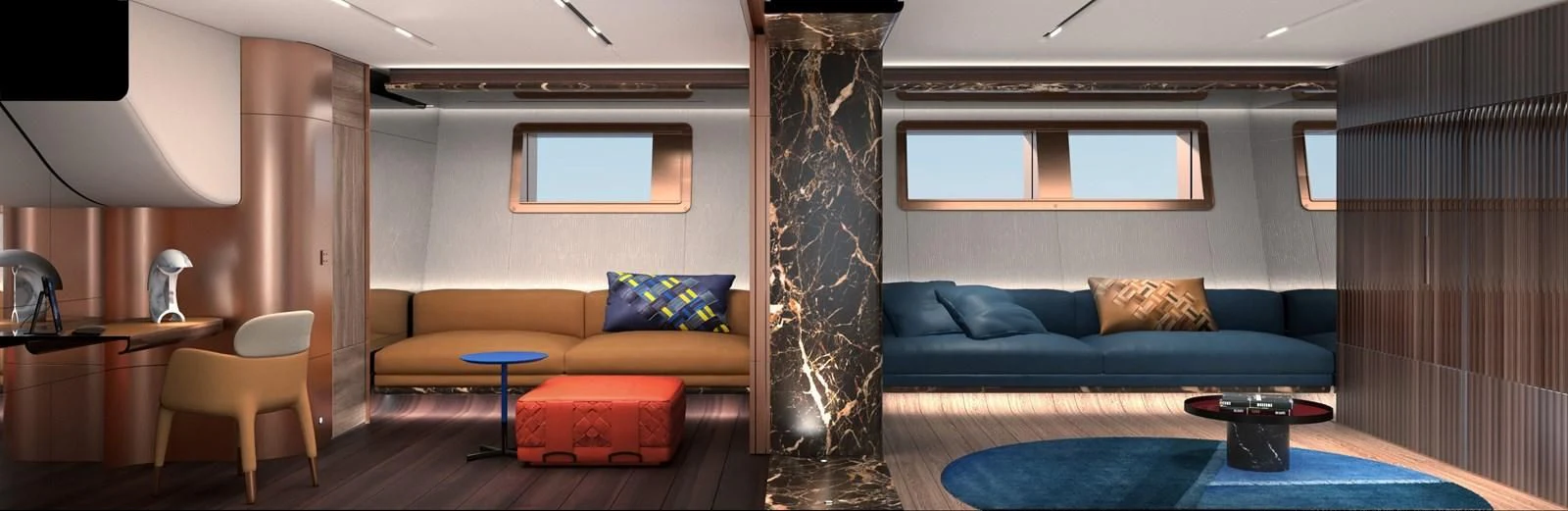 a living room with a couch and a table aboard PERINI 47-M Yacht for Sale