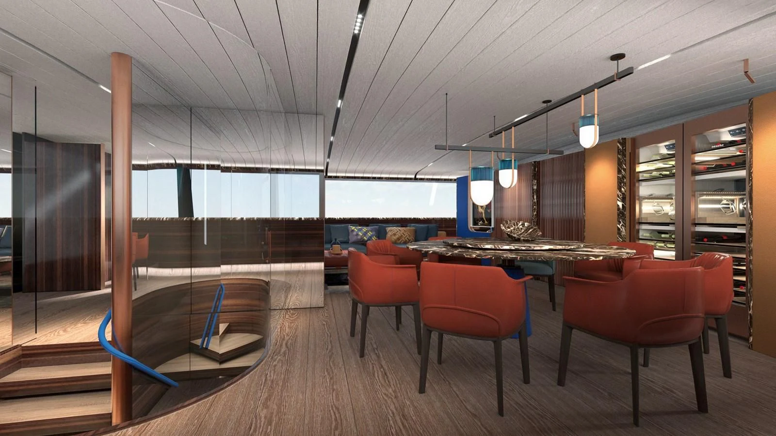 a room with a pool table and chairs aboard PERINI 47-M Yacht for Sale