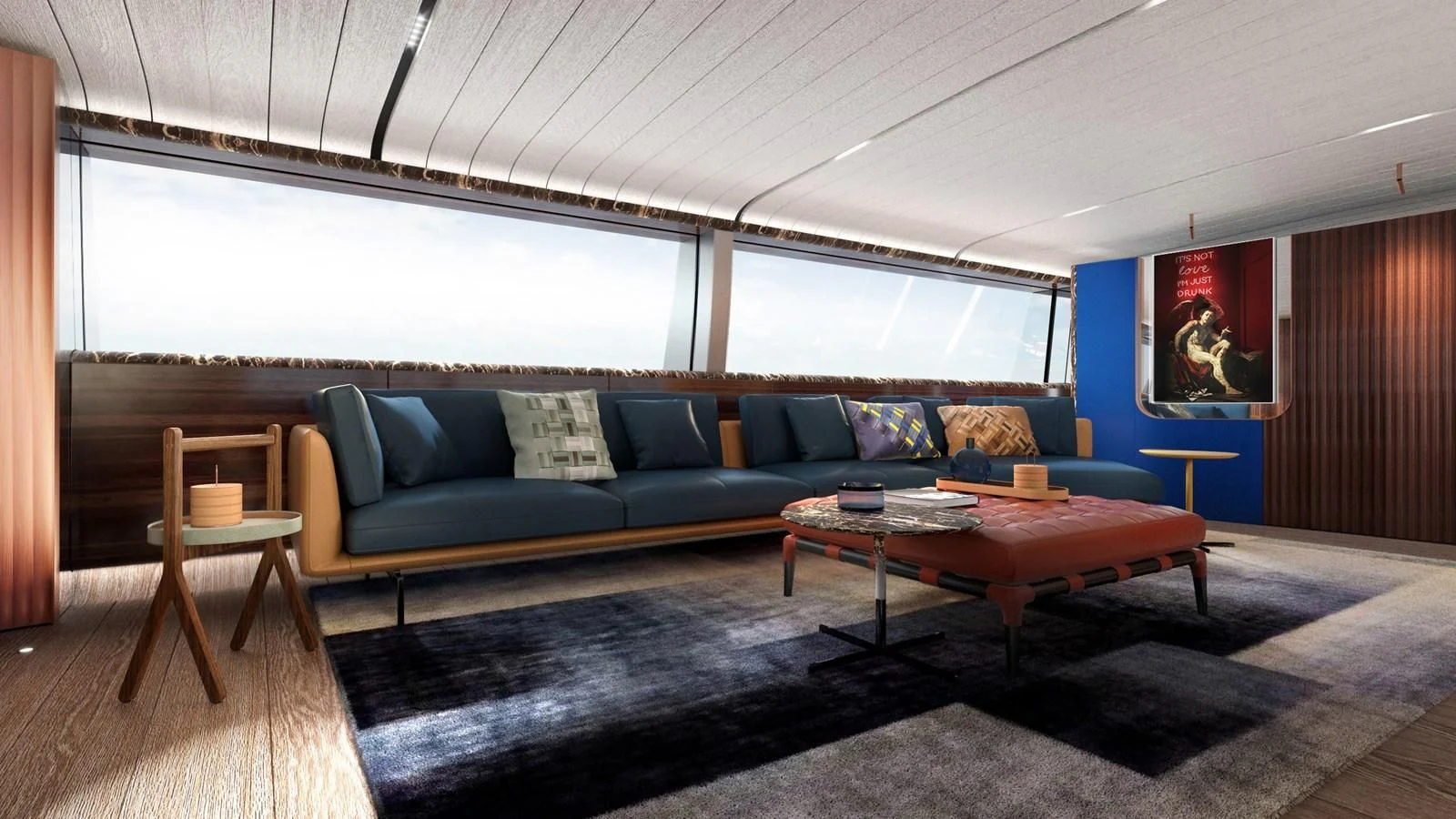 a living room with a couch and a table aboard PERINI 47-M Yacht for Sale