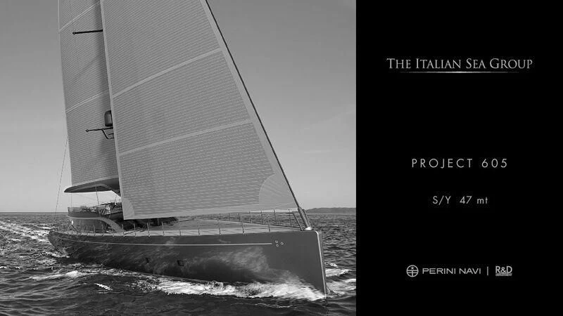 a black and white photo of a sailboat on the water aboard PERINI 47-M Yacht for Sale