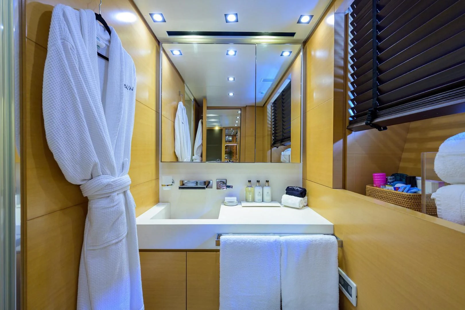 a robe on a towel rack aboard AWAY Yacht for Charter