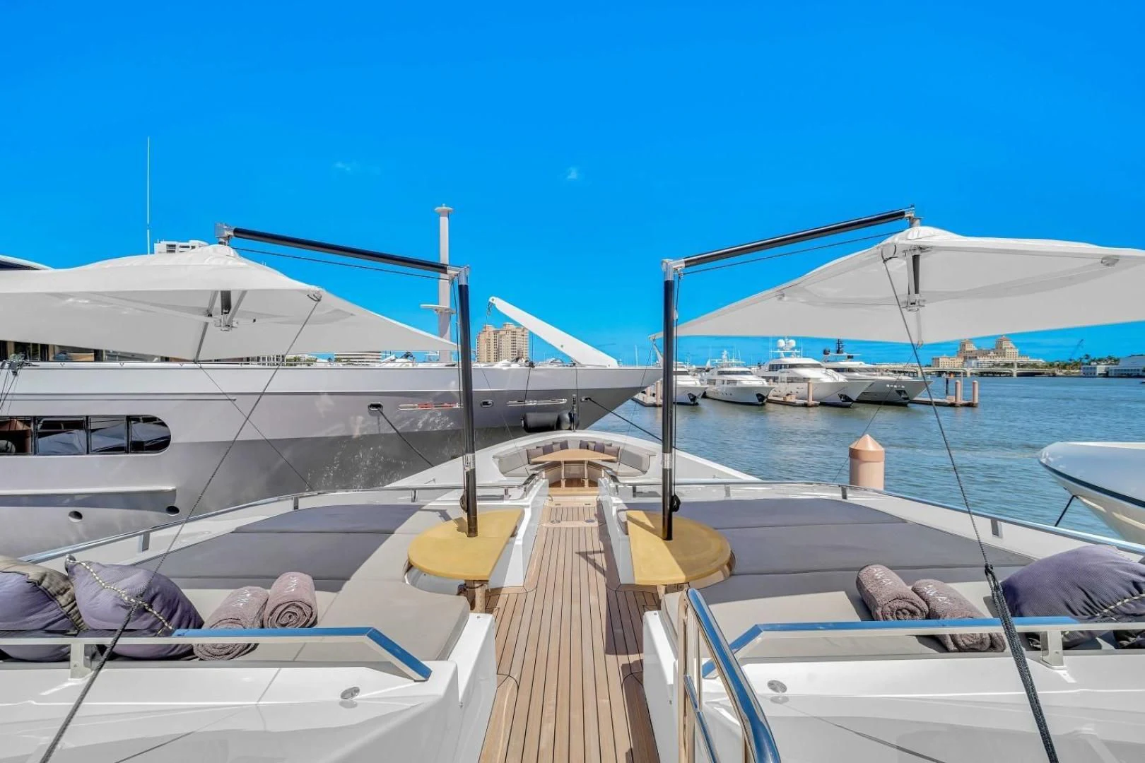 a boat docked at a pier aboard AWAY Yacht for Charter