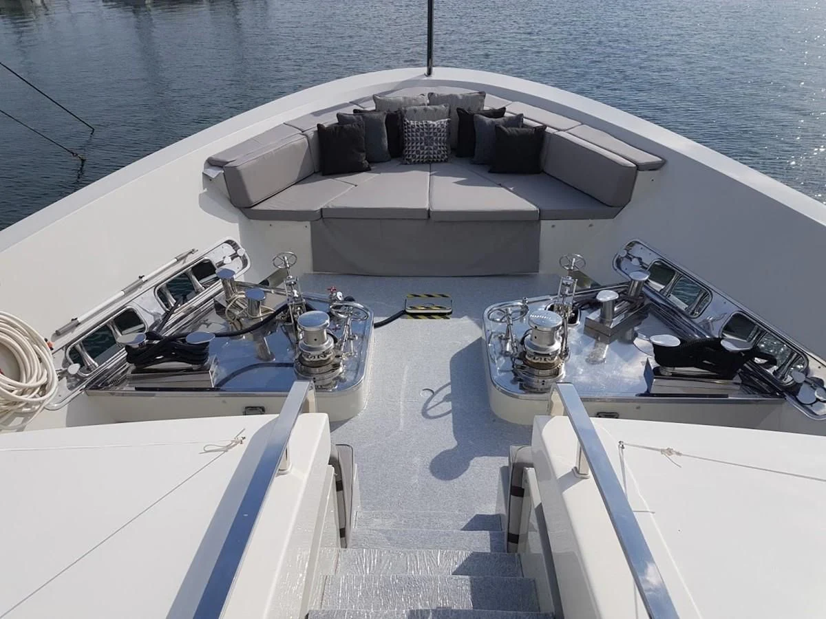 a boat with a large amount of equipment on it aboard AWAY Yacht for Charter