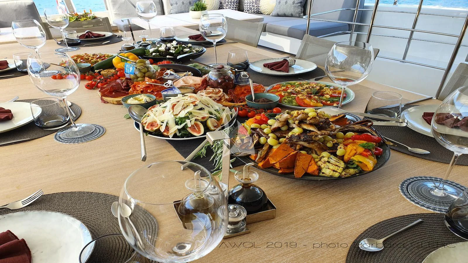 a table full of food aboard AWAY Yacht for Charter