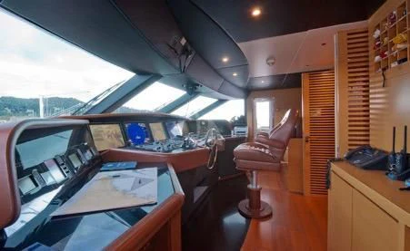 a room with a desk and chairs aboard AWAY Yacht for Charter