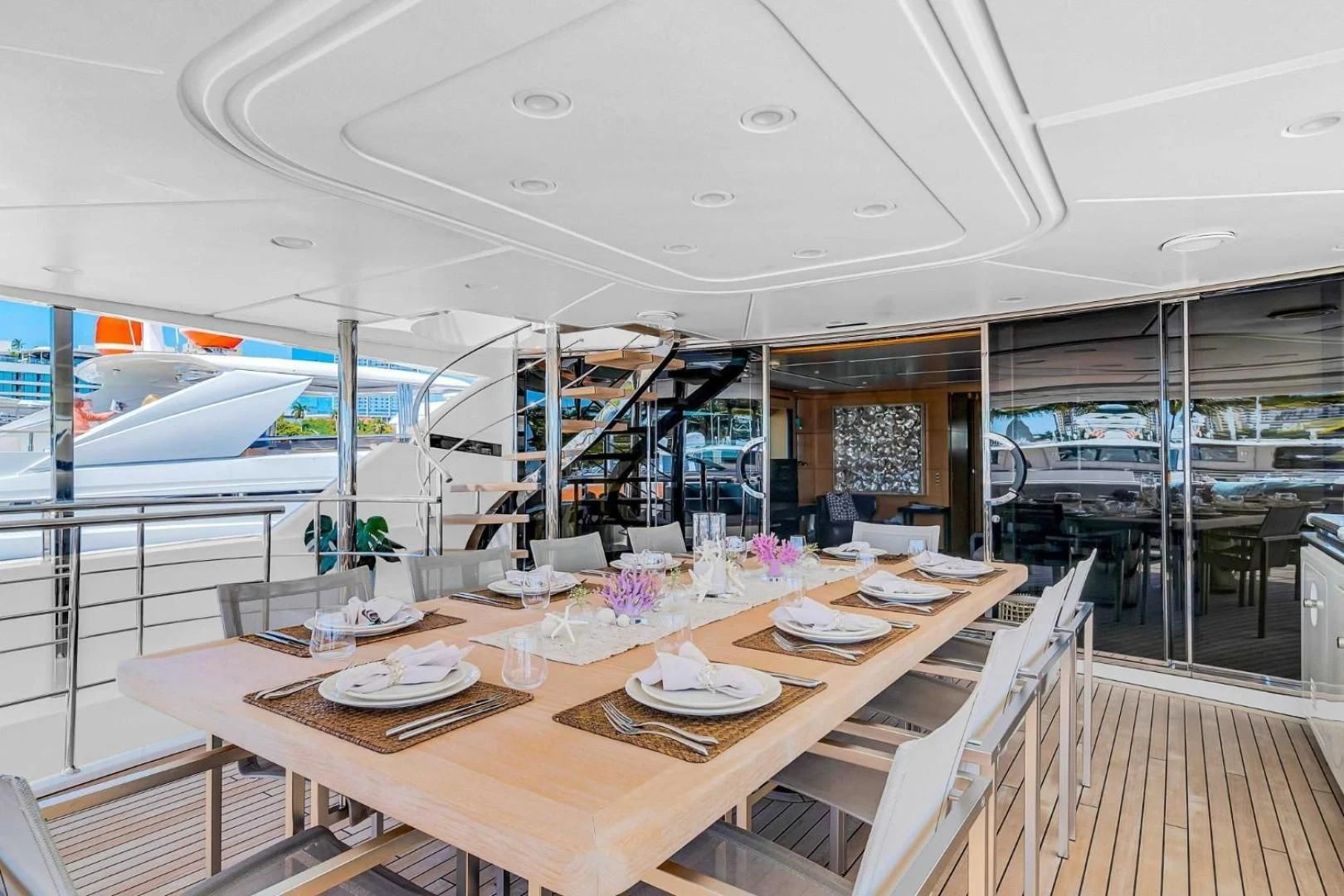 a table with plates on it aboard AWAY Yacht for Charter