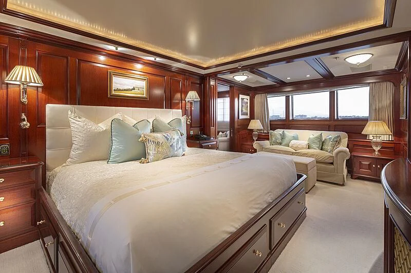 a large bed in a room aboard HALCYON Yacht for Sale